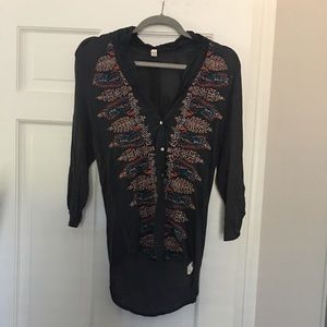 Anthropologie embroidered navy blue v neck top